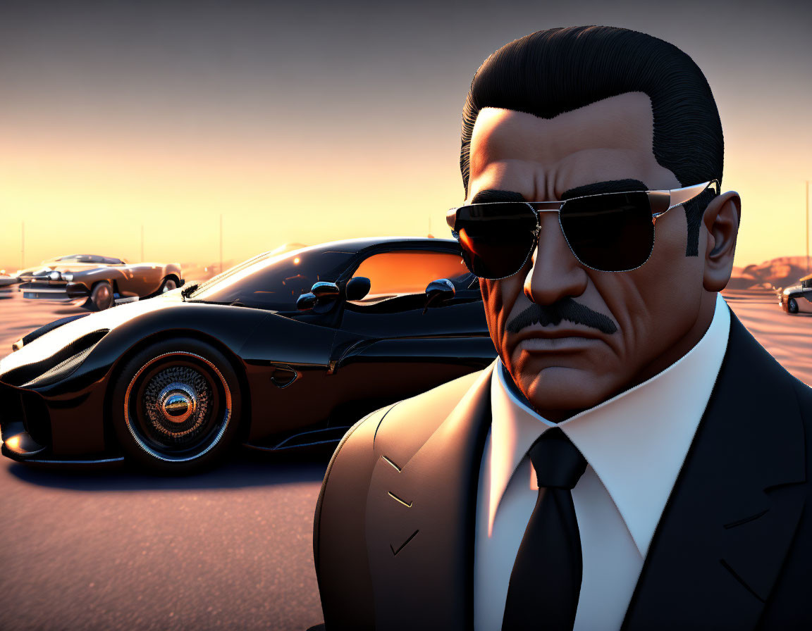 Stylized animated male character with sunglasses by black sports car at sunset