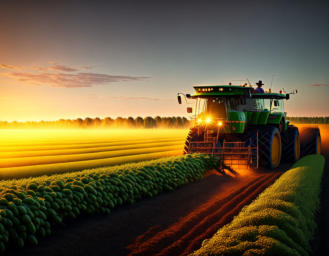 Sunrise tractor plowing field with neat rows and trees against orange sky