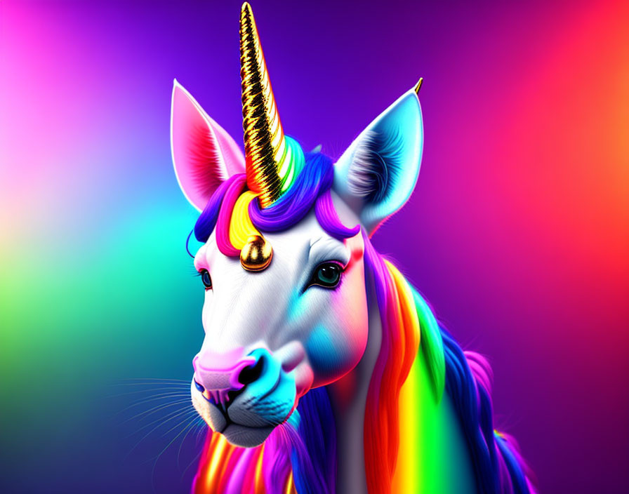 Colorful Unicorn Illustration with Golden Horn and Rainbow Background