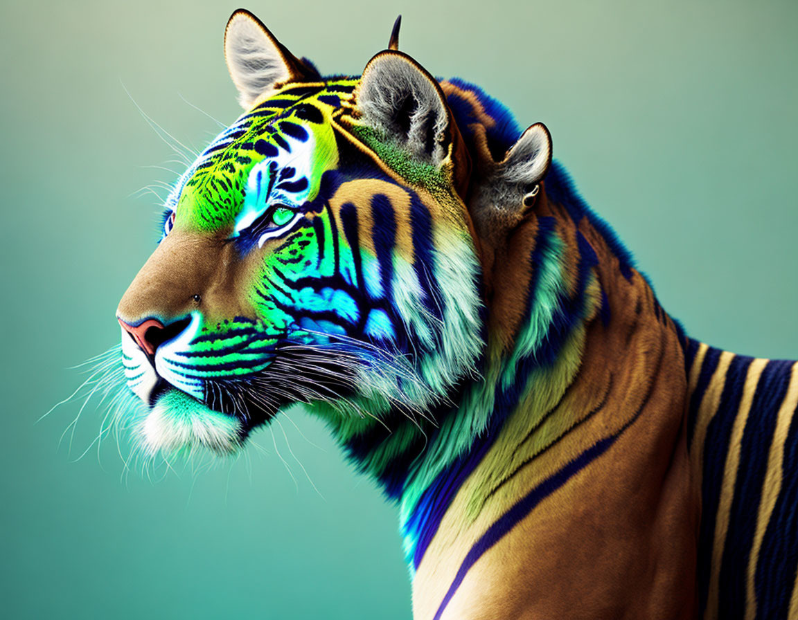 Vibrant neon green and blue tiger against teal background