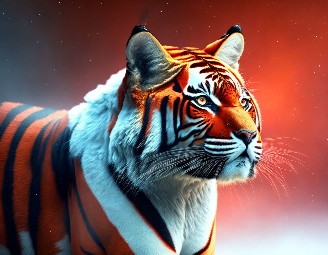 Majestic tiger with vibrant orange fur and bold black stripes against cosmic sky