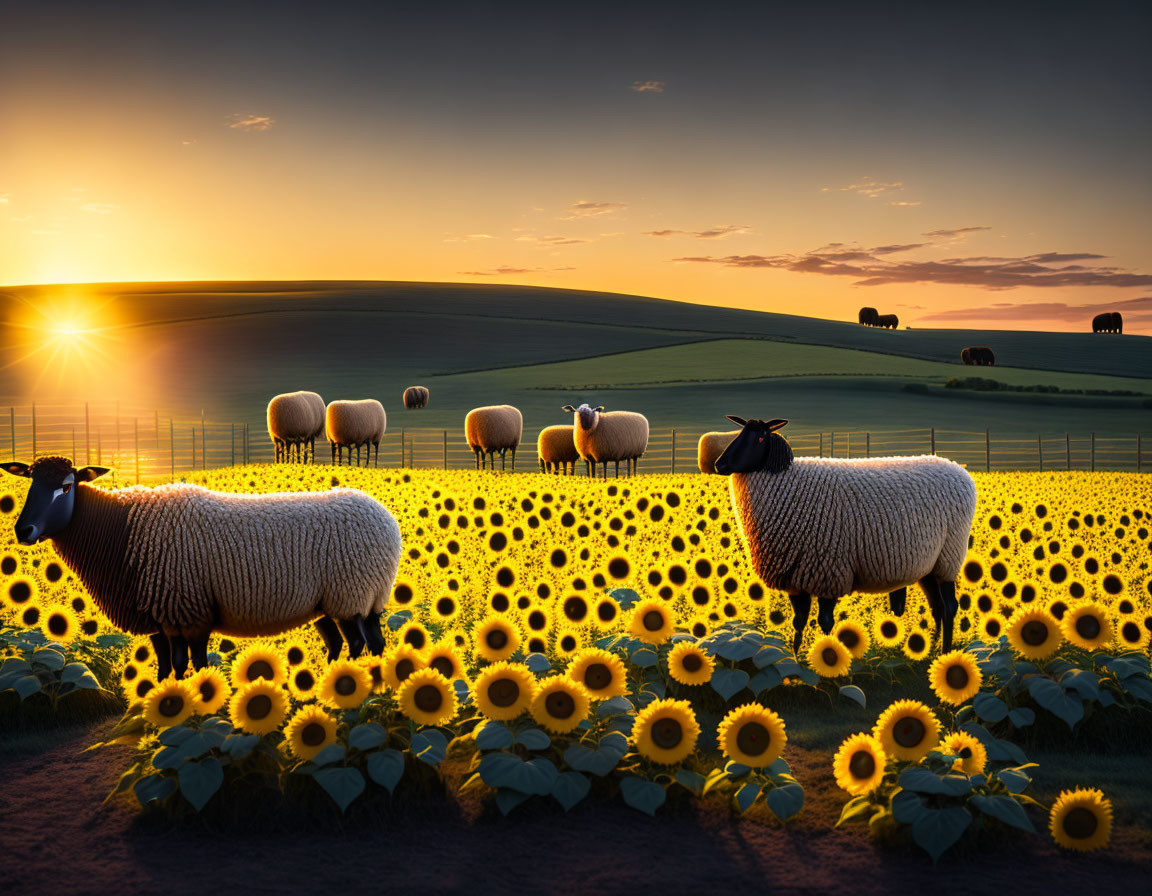 Sunset scene: Sheep grazing in sunflower field with rolling hills.