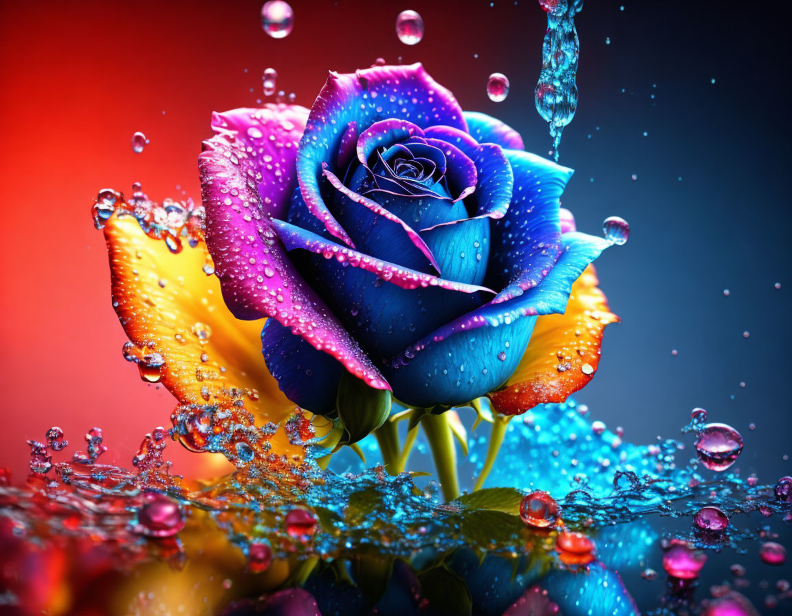 Colorful Rose with Blue and Orange Petals on Water Droplets Background