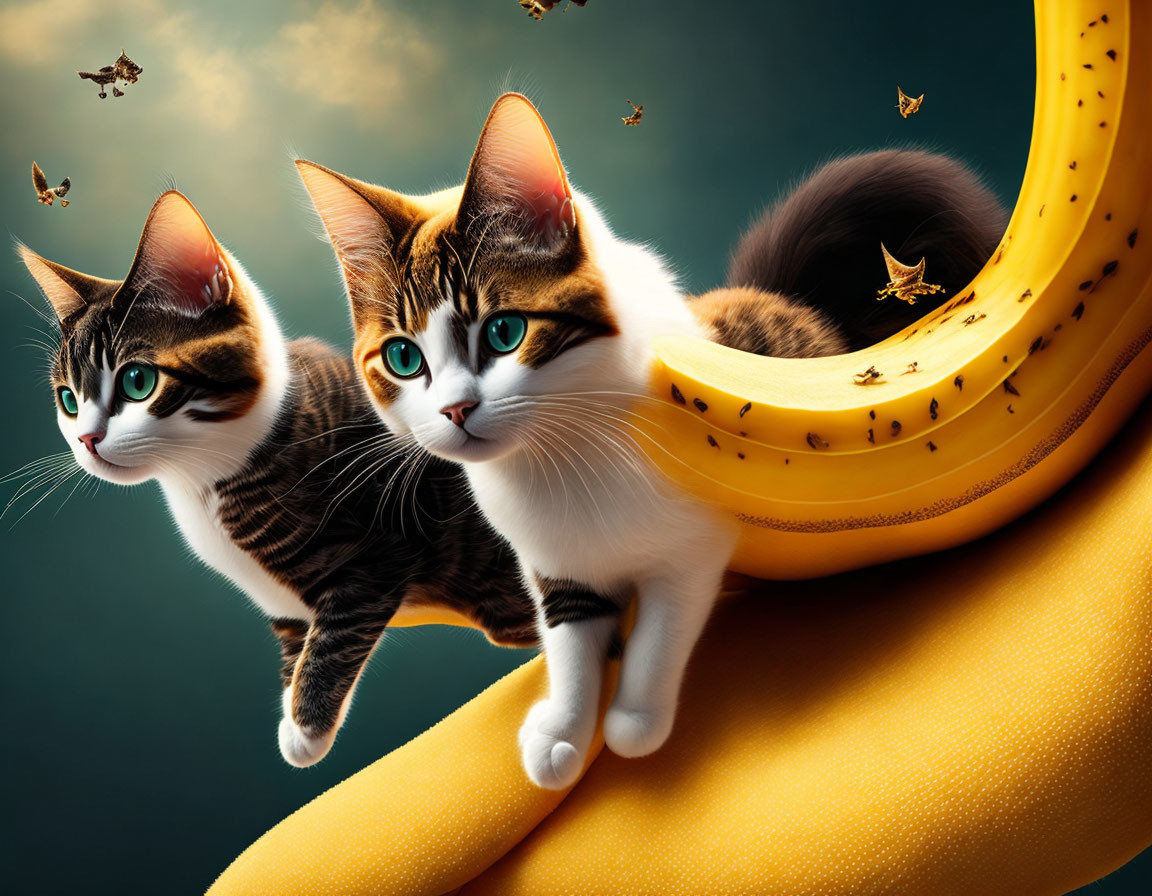 Whimsical cats on banana with butterfly-banana hybrids on teal background