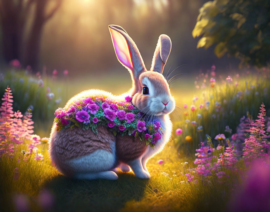 Illustration: Rabbit with flower-covered shell in magical forest glade