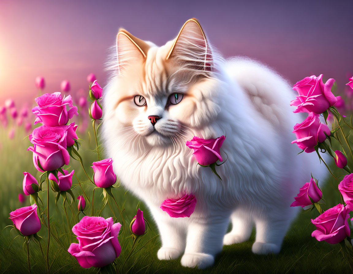 White Cat with Striking Eyes Among Pink Roses in Purple Sunset