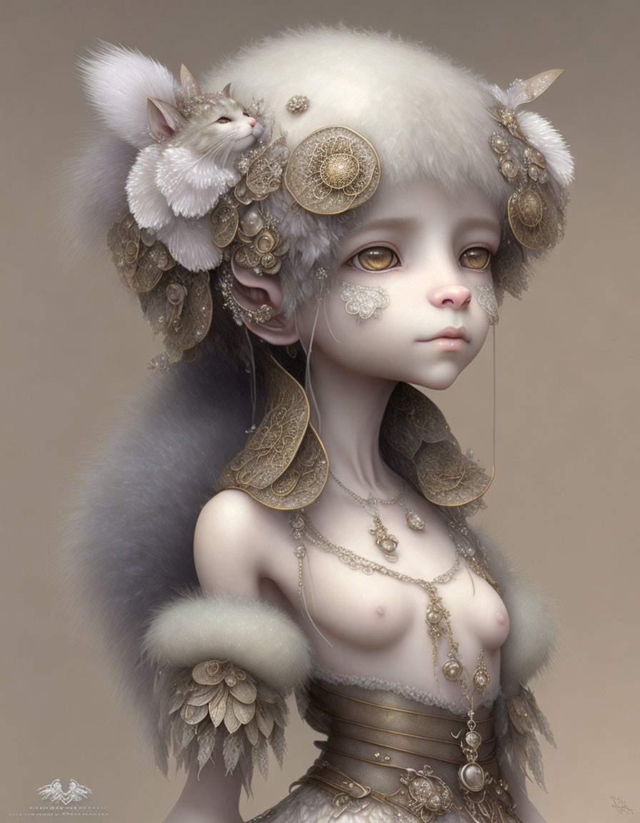 Fantasy artwork featuring girl with pale skin, golden eyes, fur-trimmed hat, jewelry,