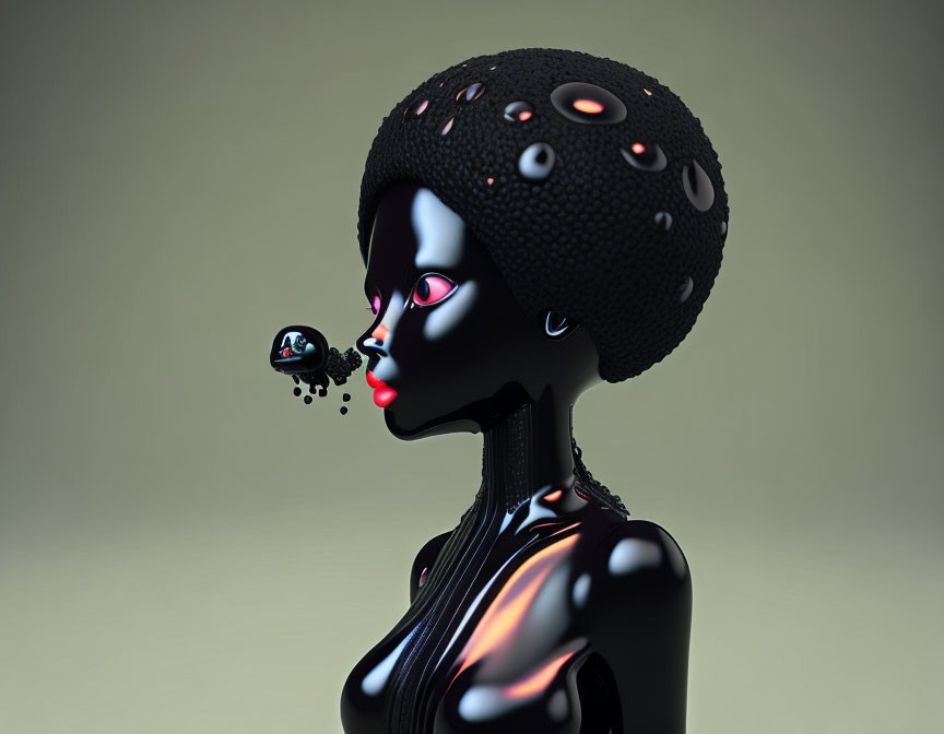 Stylized 3D illustration of black humanoid figure with intricate spherical head design