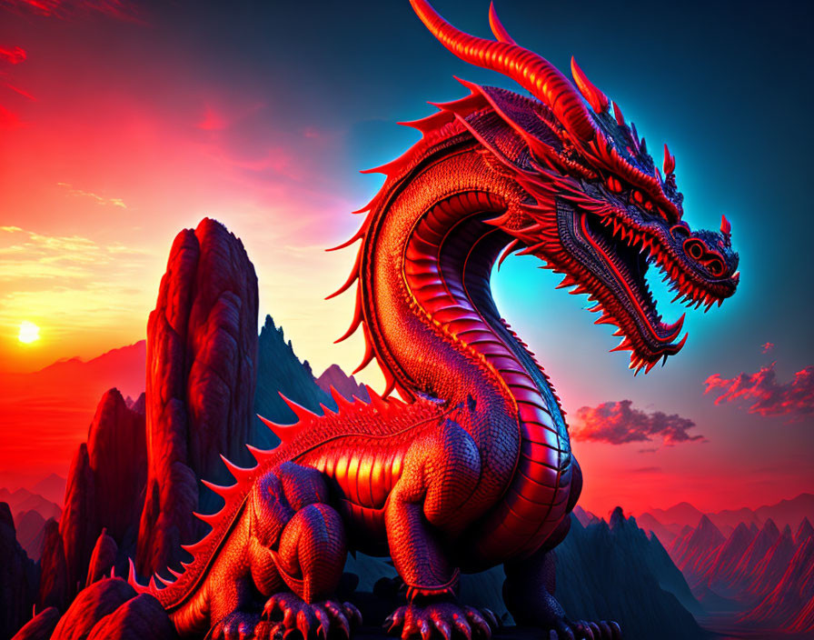 Vivid Red Dragon on Rocky Terrain at Sunset