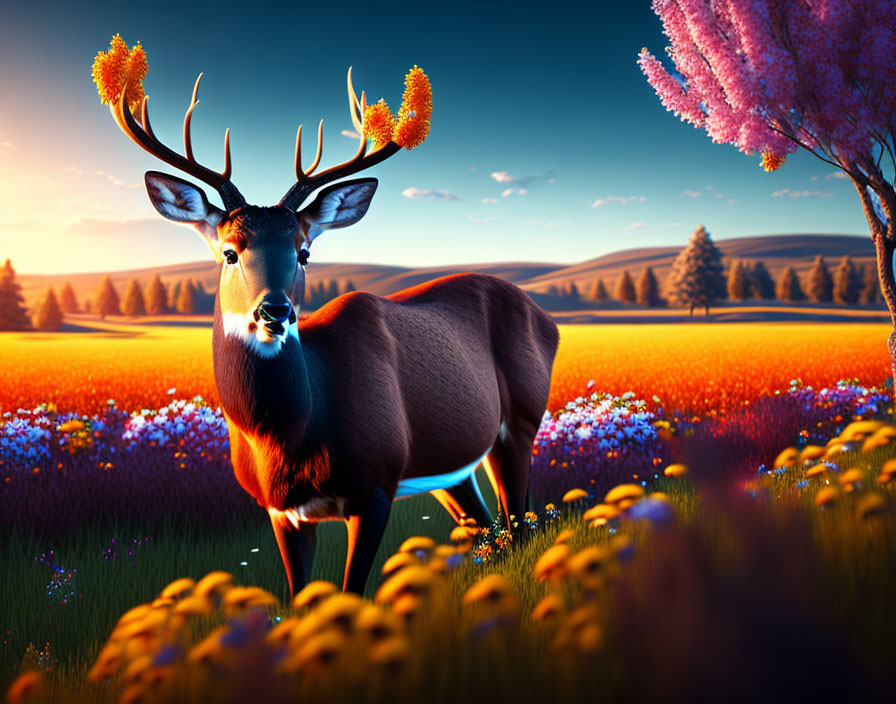 Majestic deer in vibrant meadow at sunset