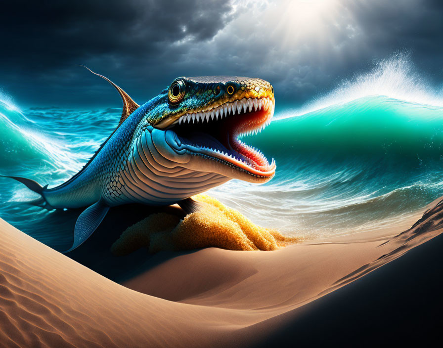 Fish-bodied lizard creature emerges from desert sands with ocean waves and dramatic sky.