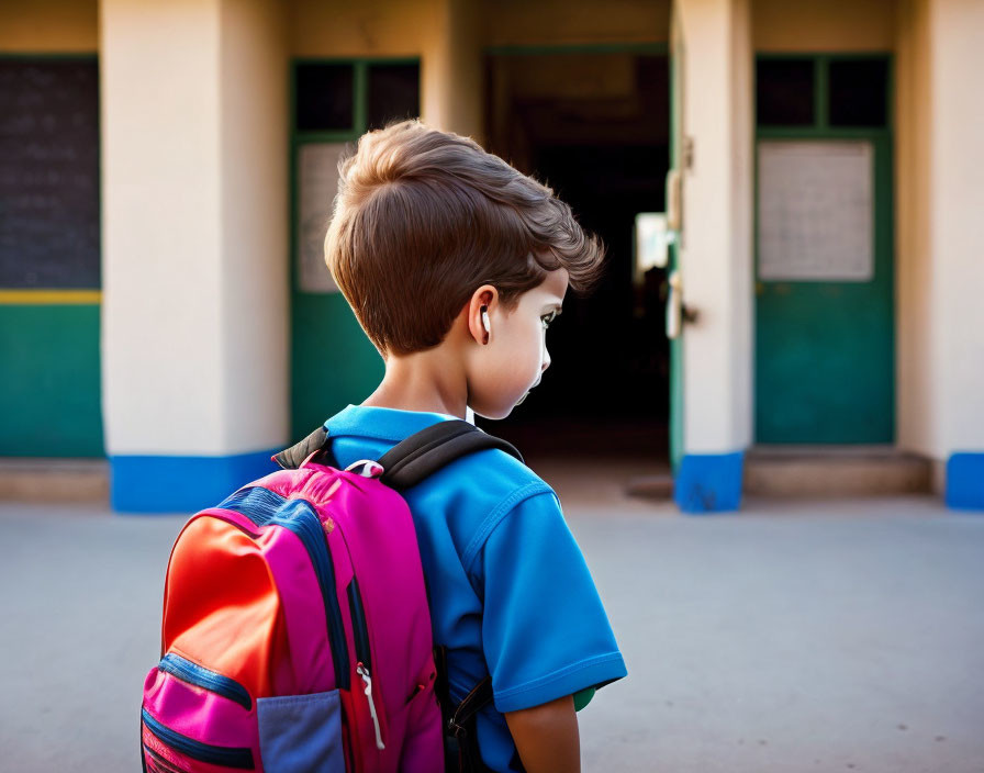 Young boy with backpack at school entrance, looking attentively.