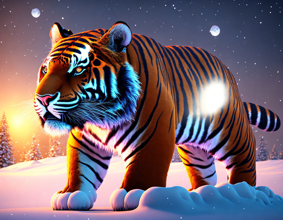 Vibrant digital illustration: Tiger with illuminated stripes in snowy landscape