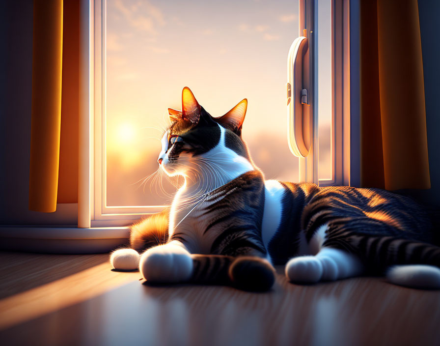 Black and white cat admiring sunset through window