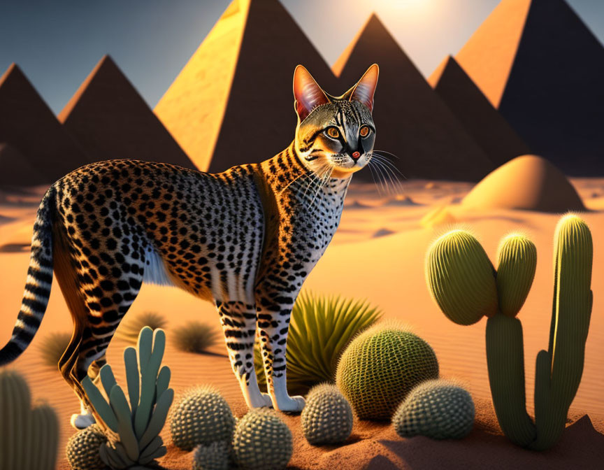 Anthropomorphic cat digital art in desert setting with pyramids and cacti