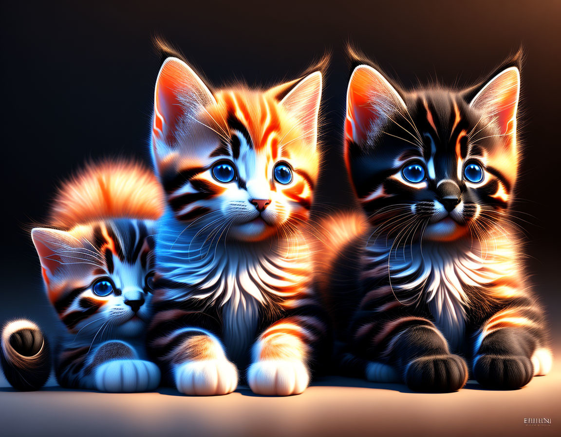 Vibrant digital art kittens with glowing fur and blue eyes on dark background