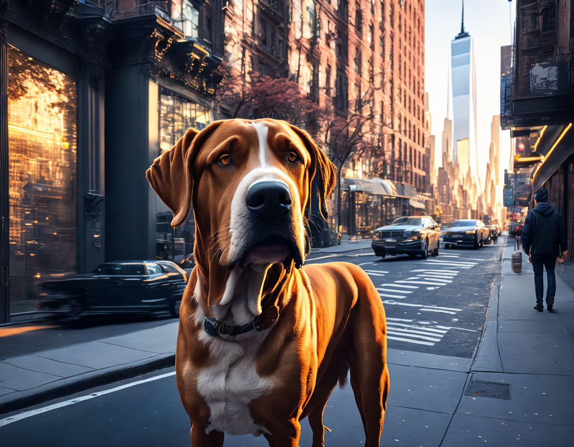 Large Dog on City Sidewalk at Sunset with Buildings and Vehicles