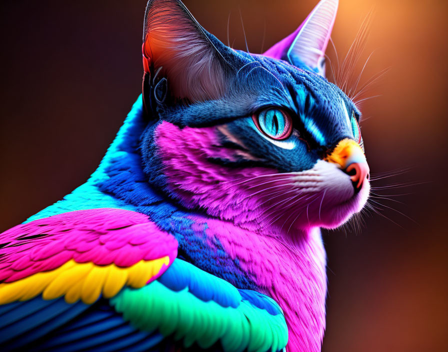 Colorful Cat with Bird-Like Feathers and Blue Eyes