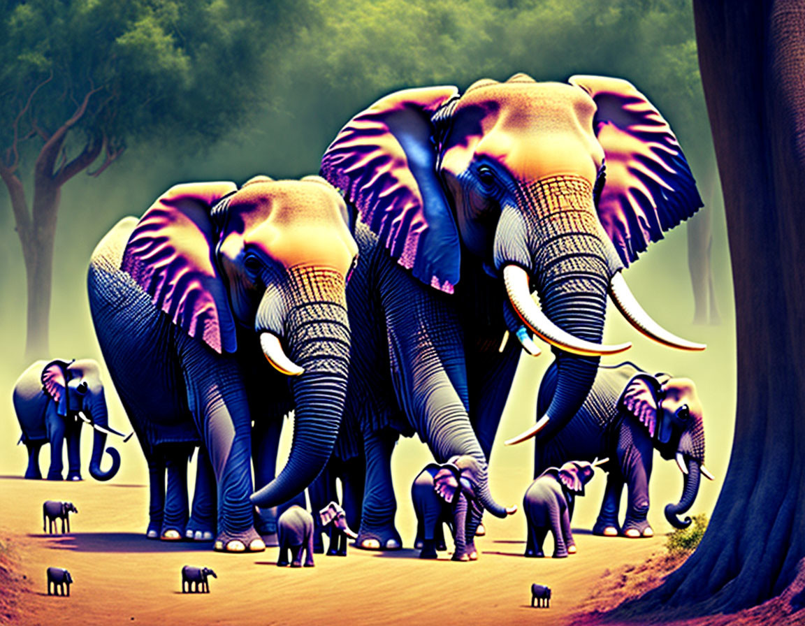 Vibrant blue and purple elephant herd in misty forest