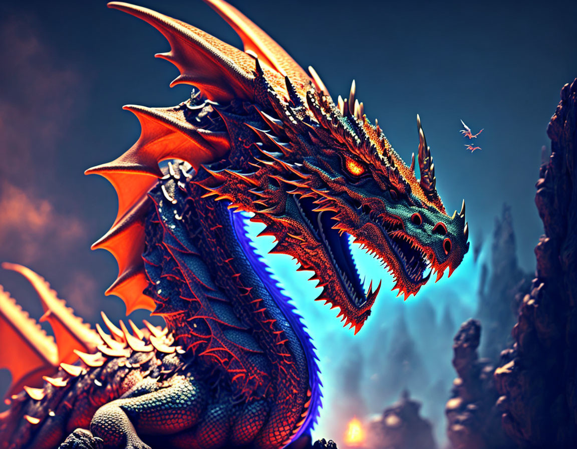 Detailed Orange Dragon with Blue Accents in Fiery Fantasy Landscape