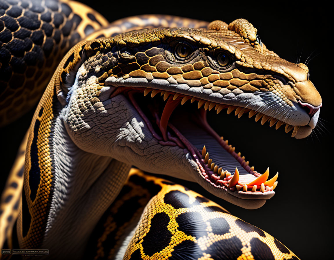 Digital artwork: Snake with humanoid mouth and sharp teeth on dark background