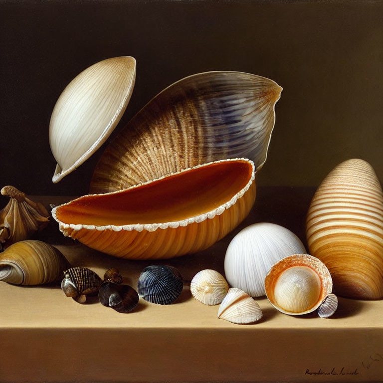 Realistic Still Life Painting of Various Seashells