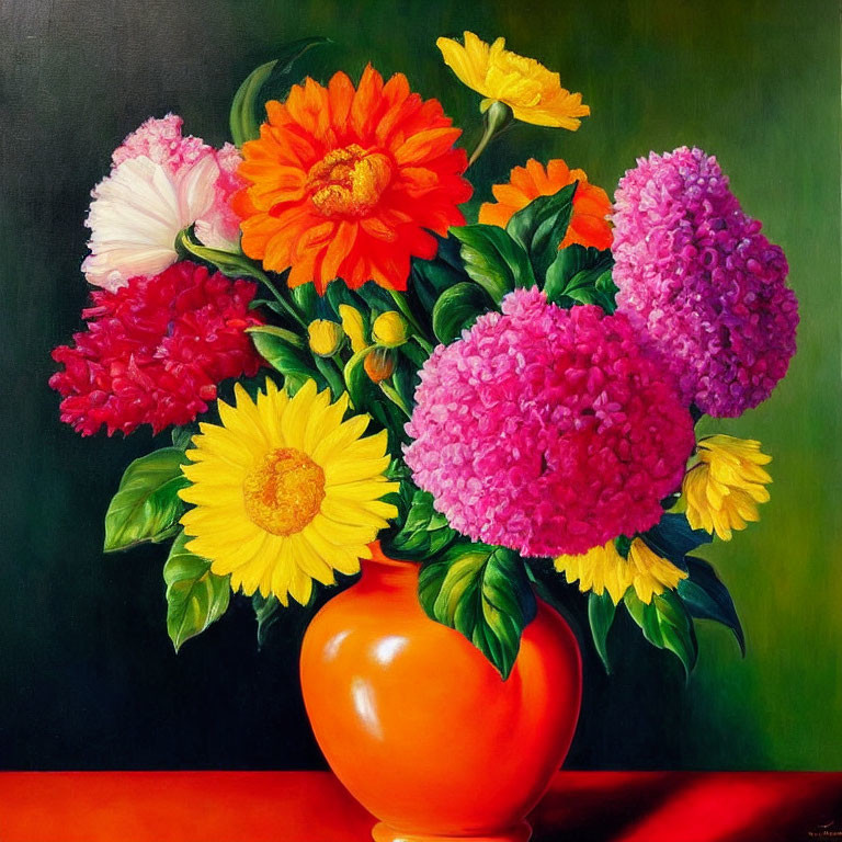 Colorful Flower Bouquet Still-Life Painting with Red Vase