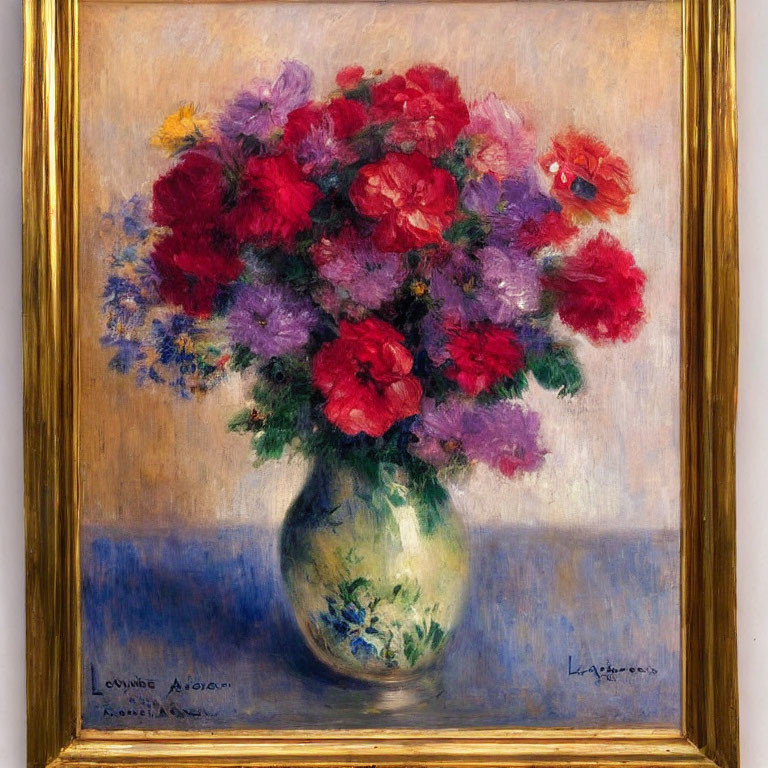 Vibrant bouquet of flowers in vase with red, purple, and blue blooms - gold frame and