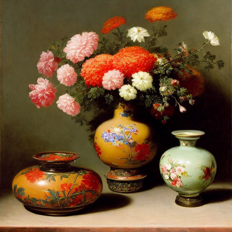 Colorful flower bouquet in round vase with ornate ceramic pots on table