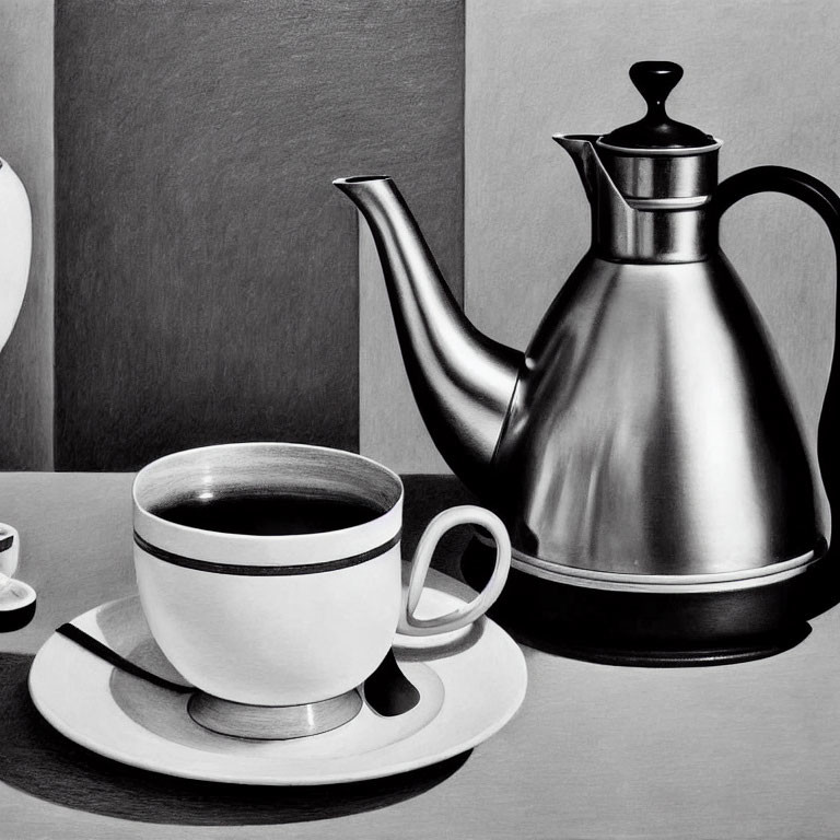 Monochrome still life with shiny teapot and coffee cup on table