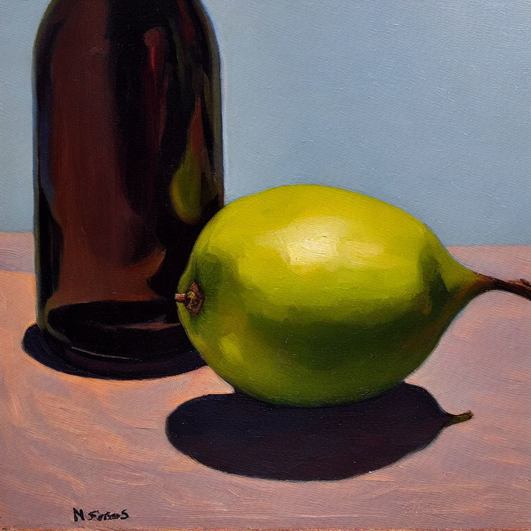 Luminous green pear and brown bottle on blue background with visible brush strokes