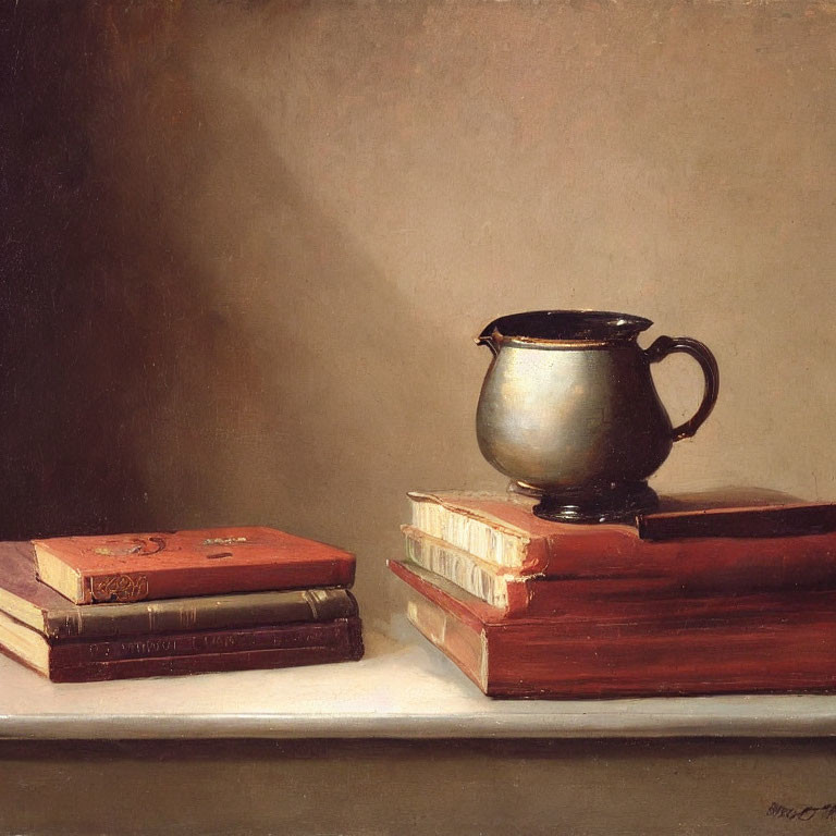 Classic Still Life Painting of Old Books and Metal Pitcher