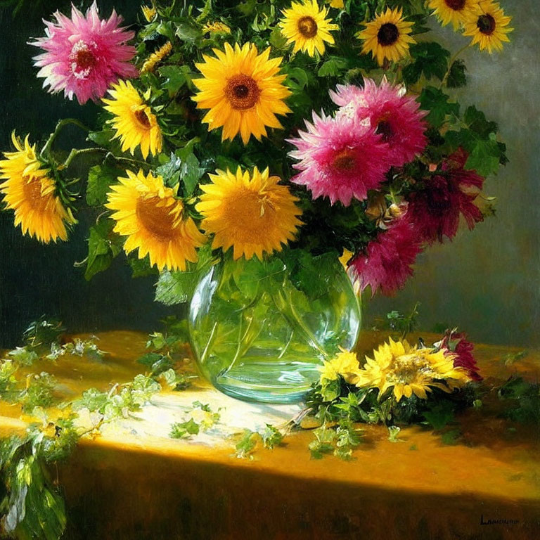 Vibrant still life painting of sunflowers and pink flowers in a transparent vase