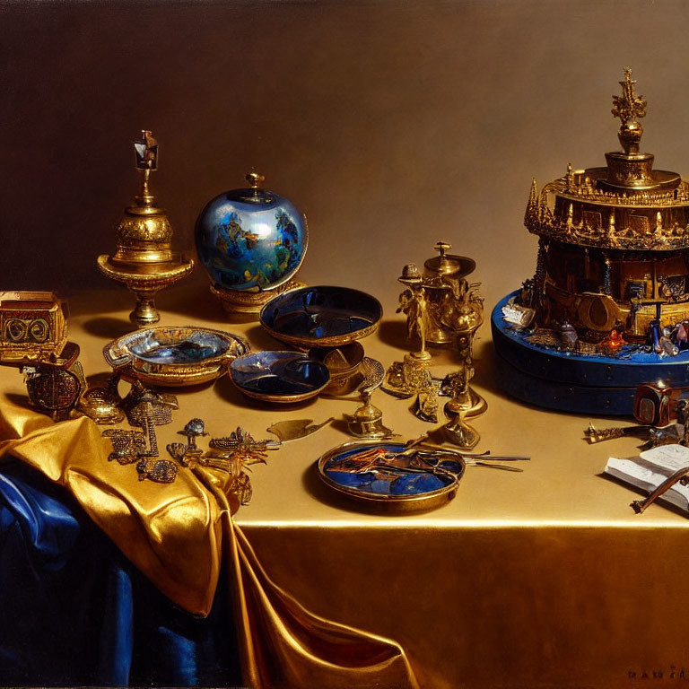 Luxurious Still Life Painting with Golden Fabrics, Goblets, Globe, Ship, and Tr