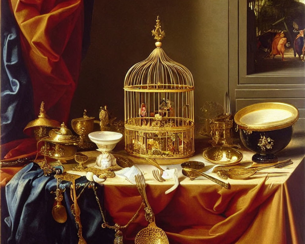 Golden birdcage with figure, ornate vessels, draped cloth, and horse painting in still life