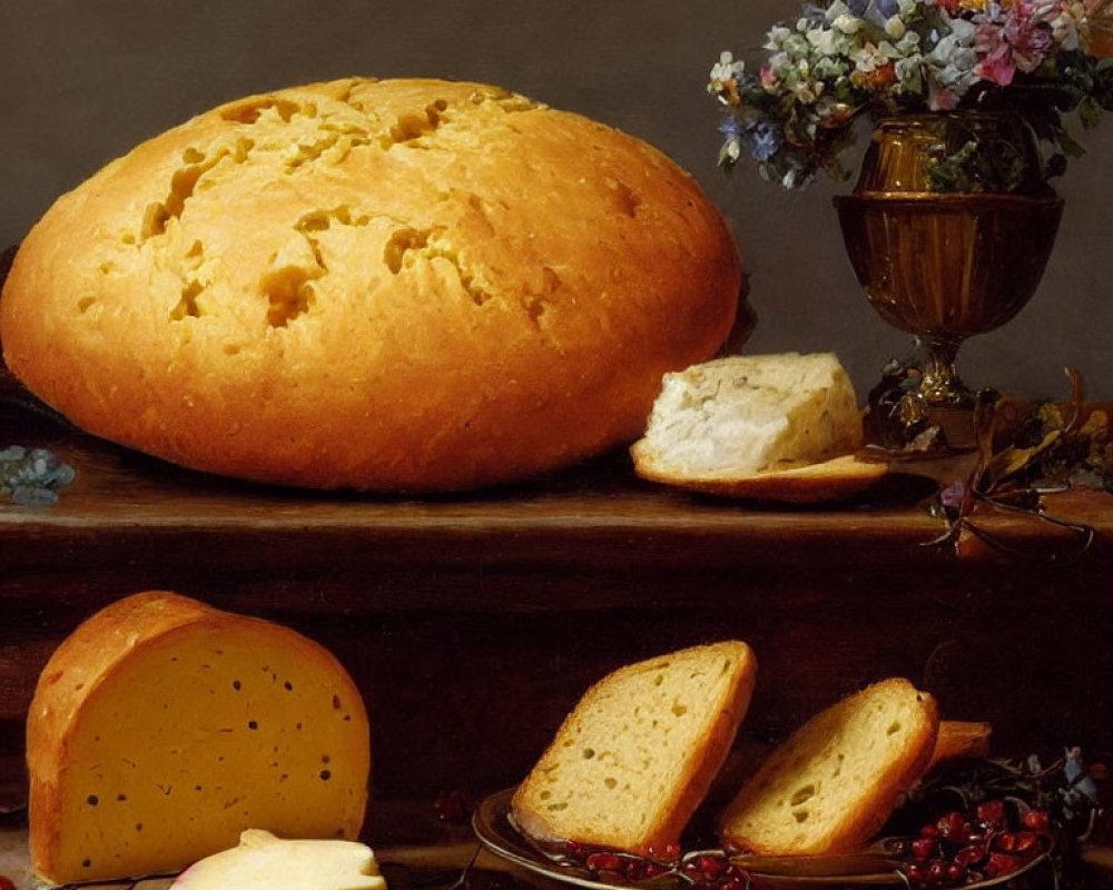 Classic Still Life Painting with Bread, Cheese, Butter, Berries, and Floral Arrangement