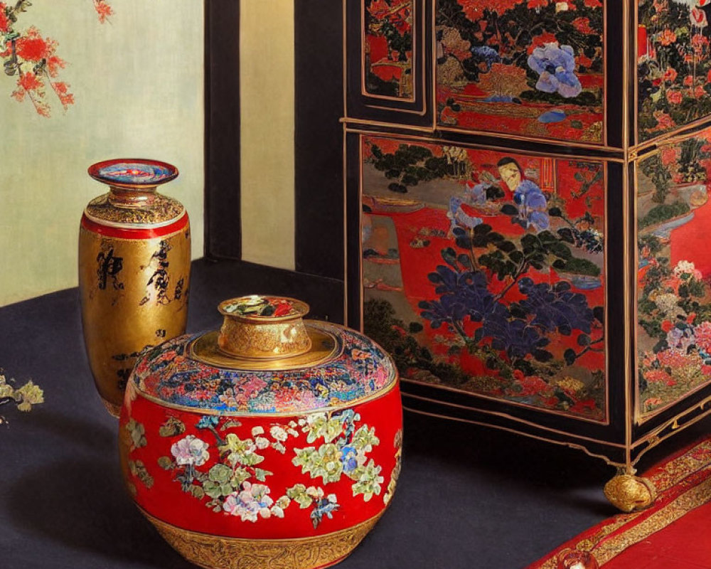 Asian vases and gold-accented container on floral backdrop with folding screen