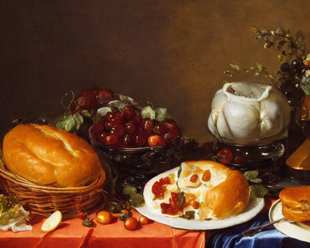 Baroque-style still life painting with bread, cherries, pie, pitcher, and fruits