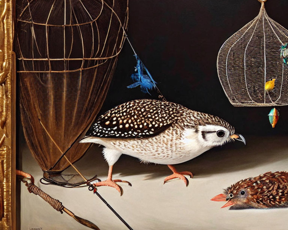 Surreal painting of bird with quill leg writing on another bird, fishing nets in background