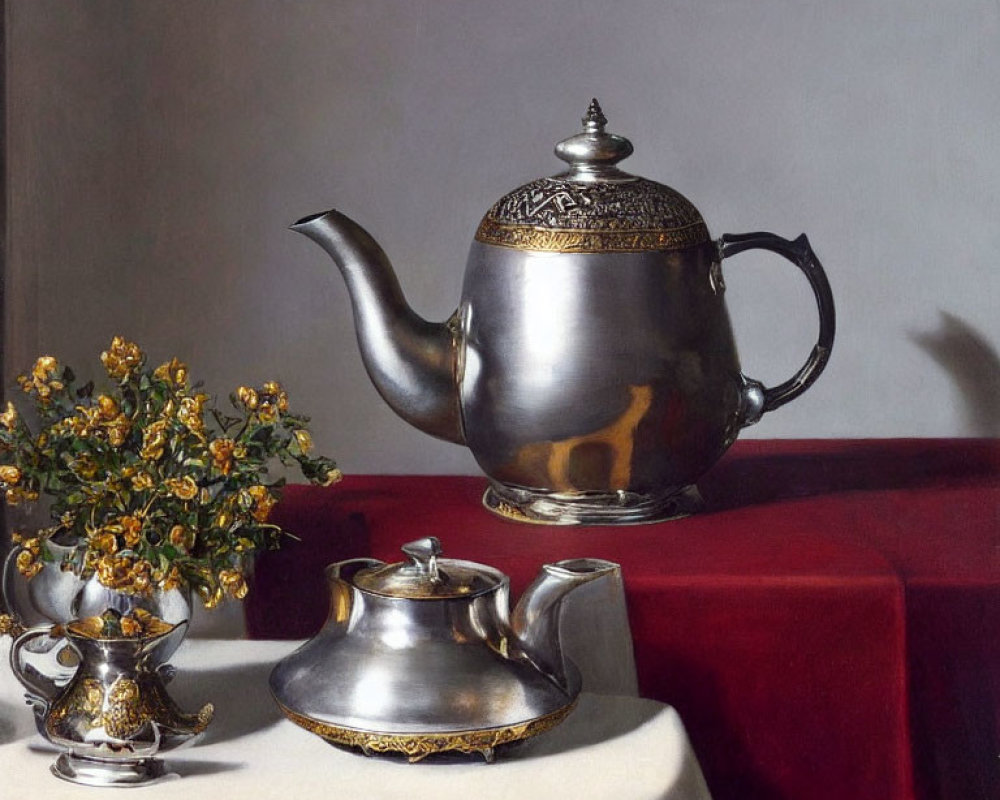 Silver teapot, sugar bowl, yellow flowers in vase on red tablecloth with grey backdrop