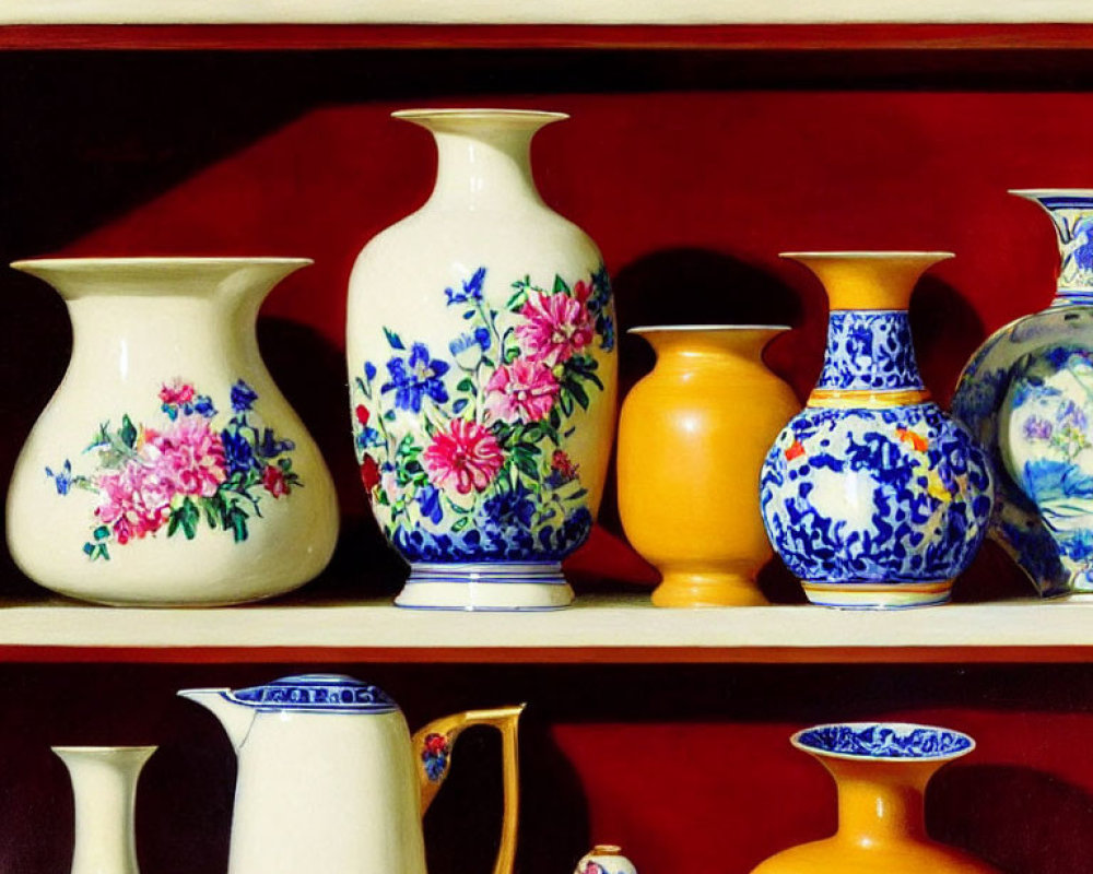 Colorful Ceramic Vases and Pots with Floral Patterns on Wooden Shelves