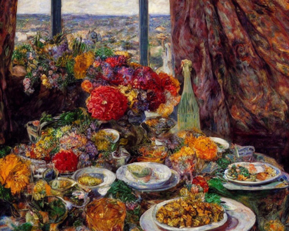 Colorful Flowers and Lavish Feast Painting by Window View