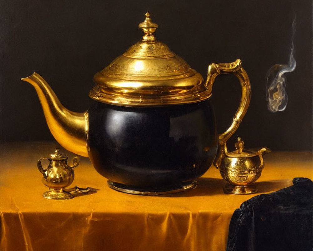 Shiny black and gold teapot with steam, teacup, and saucer on golden cloth