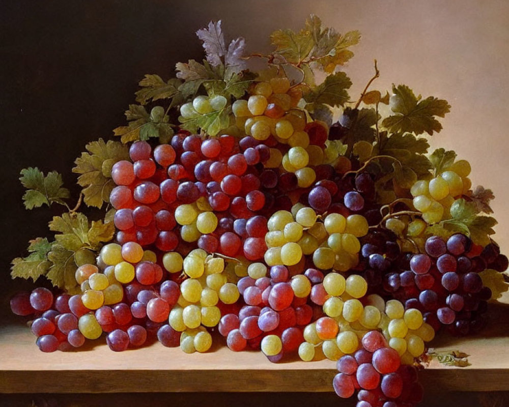 Vibrant grapes with leaves on wooden surface against dark backdrop