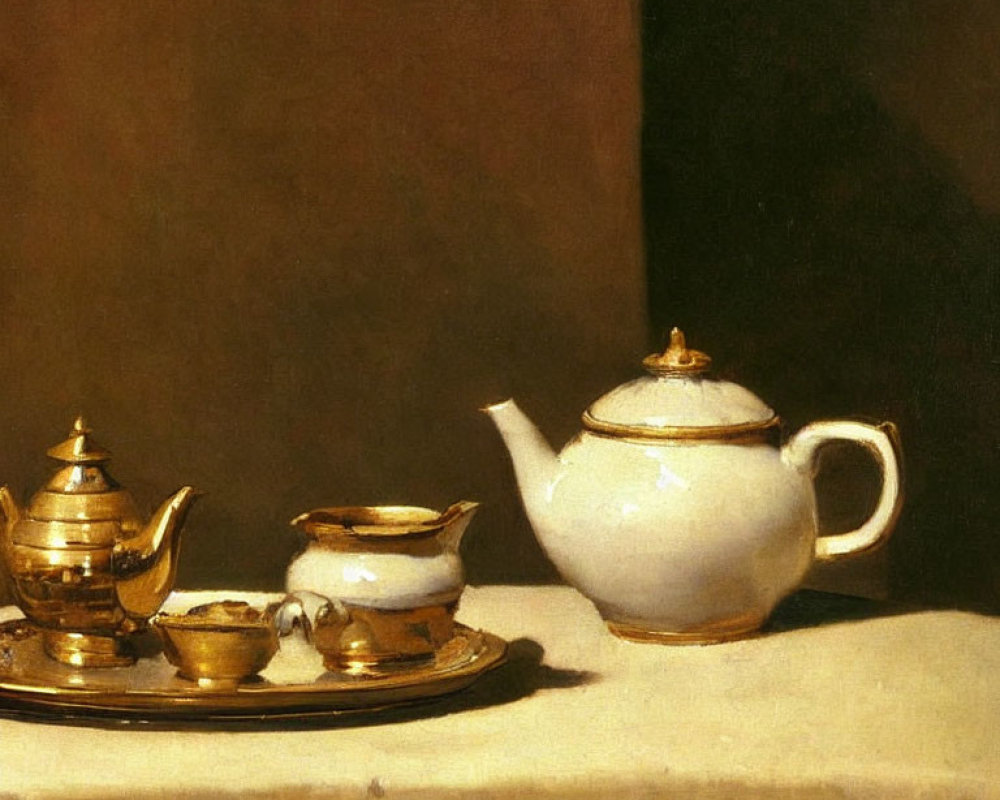 Classic Still Life Painting with Teapot, Sugar Bowl, and Creamer