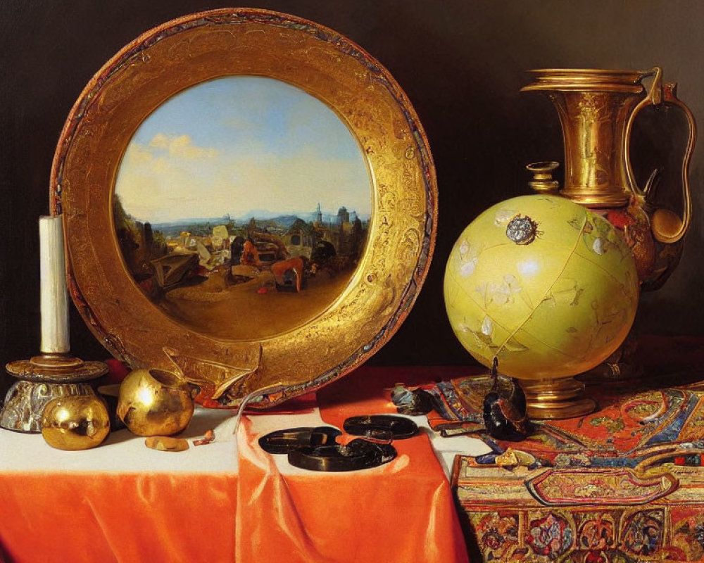 Round mirror reflects cityscape, gold pitcher, celestial globe, and assorted objects on table