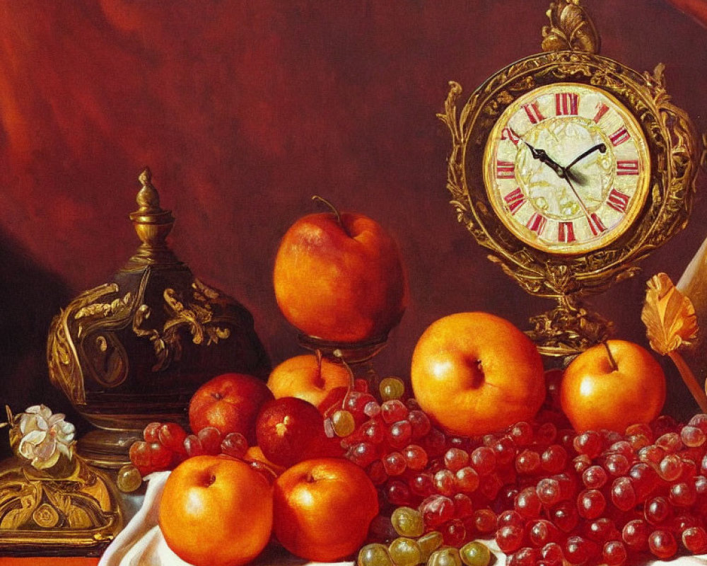 Traditional Still Life Painting with Fruits, Golden Clock, and Decorative Objects