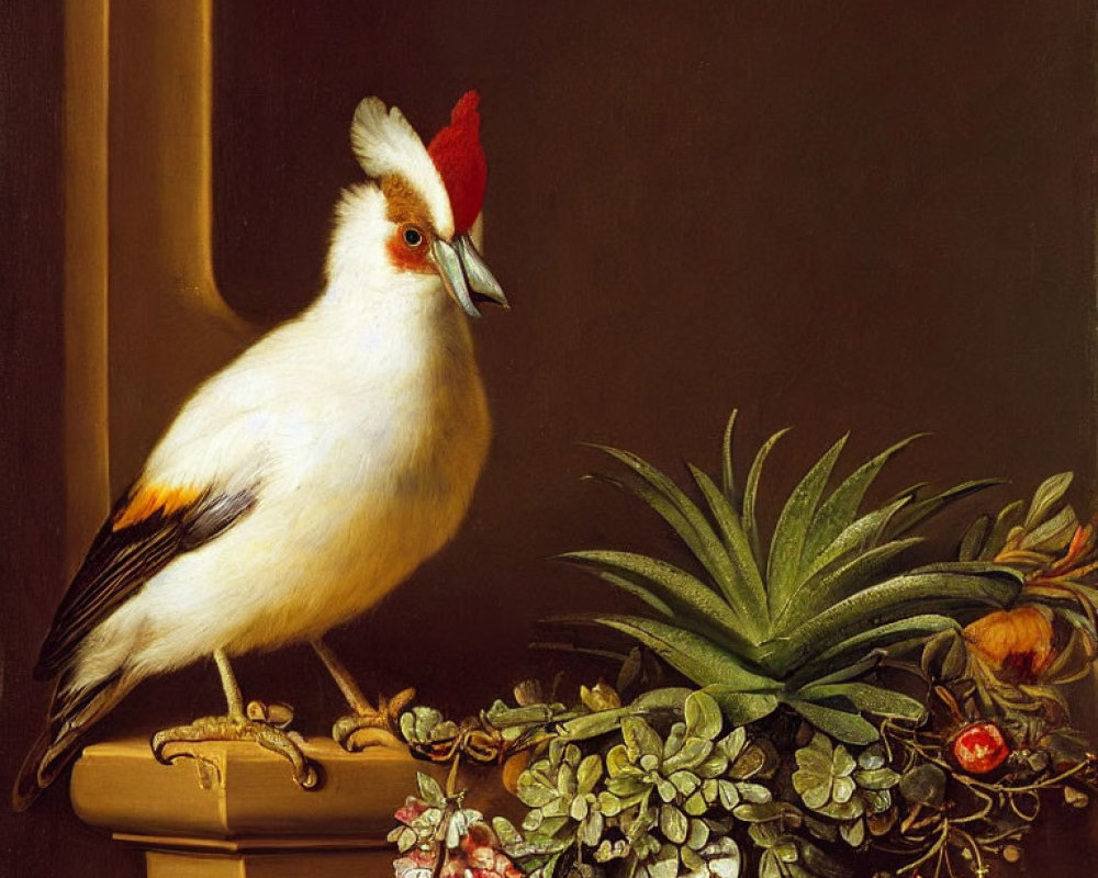 White and Yellow Bird with Red Crest on Table Next to Potted Plant