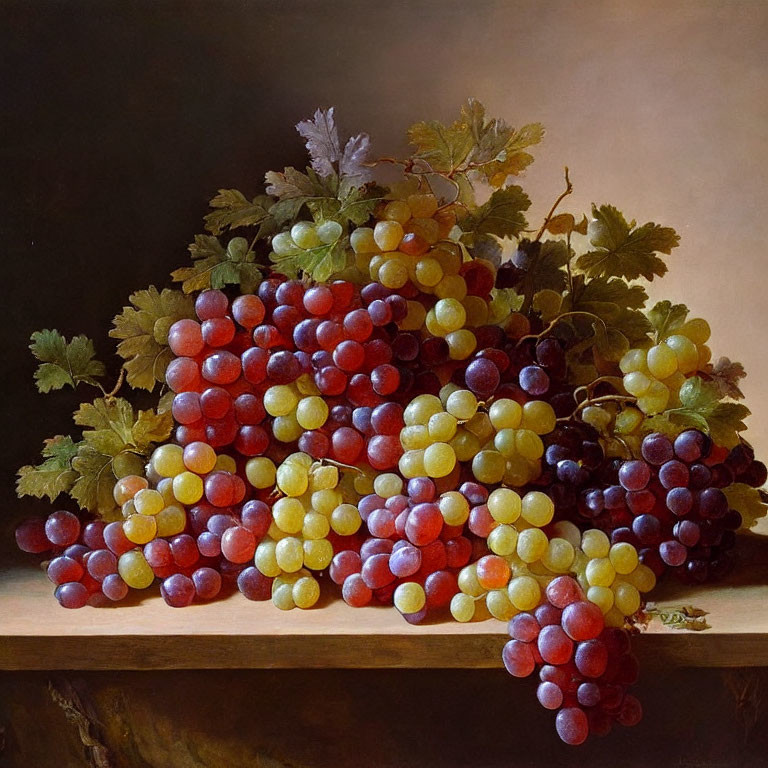 Vibrant grapes with leaves on wooden surface against dark backdrop