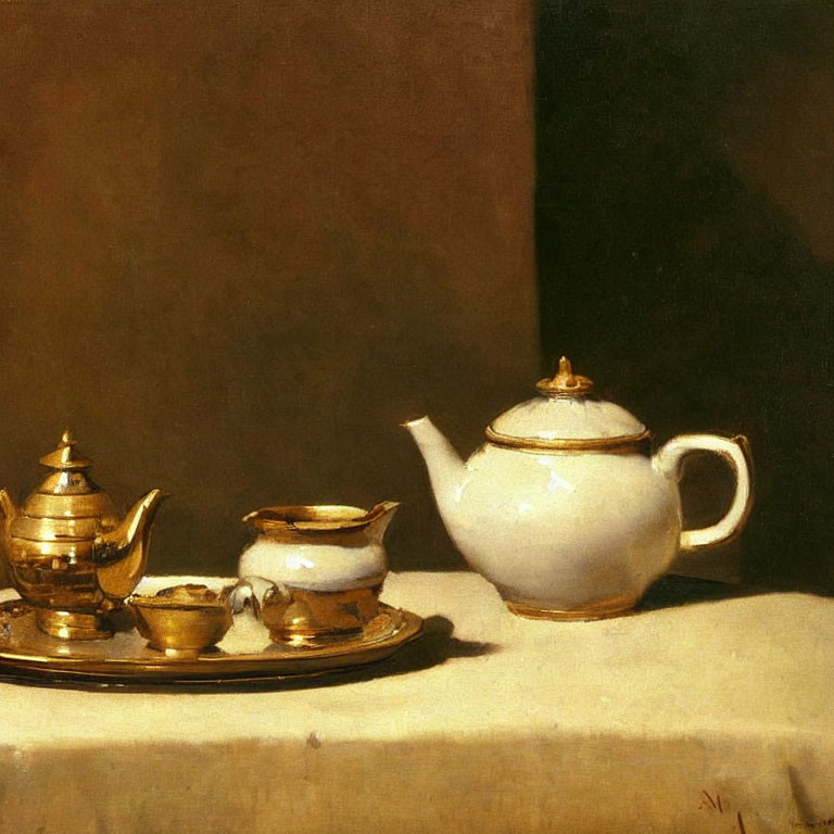 Classic Still Life Painting with Teapot, Sugar Bowl, and Creamer